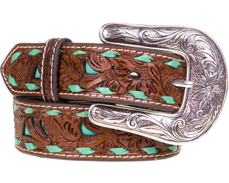 Nocona® Kids' Pierced Floral and Laced Edge Leather Belt - Turquoise