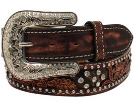 Angel Ranch® Women's Floral Tooled and Rhinestone Studded Leather Belt