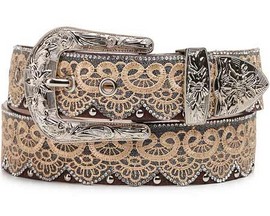 Angel Ranch® Women's Scalloped Lace and Brown Leather Belt - Cream