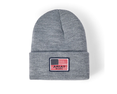 Ariat® Men's Rebar American Flag Patch Beanie in Heather Grey